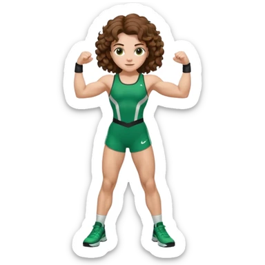 flexing muscles, big biceps, muscled torso, very beautiful italian girl, looking like Emma Watson, with curly and big volume very bright brown hair, dressed in a beautiful green sports costume, full body sticker