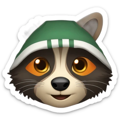 brown raccoon with orange eyes and a dark green hood that smile sticker