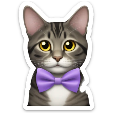 black mackerel tabby cat with a lavender small bowtie and small yellow eyes sticker
