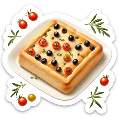 cinematic-realistic-isometric focaccia-bread-dish-emoji,-depicted-as-a-golden,-olive-oil-brushed-flatbread-sprinkled-with-herbs-rendered-with-lifelike-texture-and-soft,-appetizing-lighting showing olives on top and the cherry tomatoes sticker