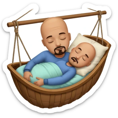 a bald, tan man who has a black goatee sleeping in a cradle sticker