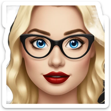  Margot Robbie, bright blue eyes and winged eye liner, red kisses, wearing black glasses  sticker