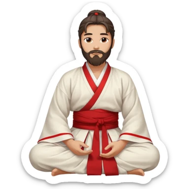 Beautiful man with lightly tan skin and dark long beard, long hair in bun, in white and red Hanfu sitting on the ground sticker