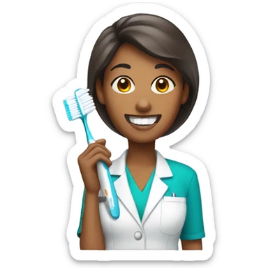 Brown woman dentist holding toothbrush sticker