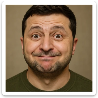 photorealistic emoji style portrait of Zelensky, round face, slightly goofy expression sticker