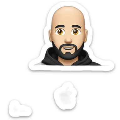 bald white man with a black beard typing on apple computer wearing a black hoodie sticker