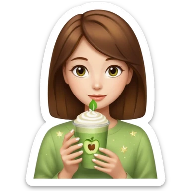 Square profile picture of a cute girl with short brown hair, sparkles, skincare, makeup, and holding a matcha latte. Center the face. Apple emoji style with transparent background. sticker