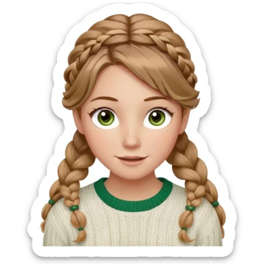 light brown hair blonde hair hazel/green eyes woman with a white cable knit sweater and one braid down her back  with tendrils of hair flowing down her face and she is happy pale, some freckles, blush. she has a cateye wing and long lashes sticker
