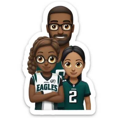 Brown guy with no glasses with a beard and mustache holding a brown girl wearing glasses and hair in a bun wearing Philadelphia eagles clothing sticker