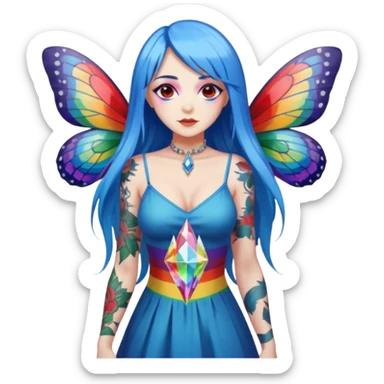woman-long-blue-hair-red-eyes-white-skin-tattoos-big-breast-wearing-rainbow-crystal-shard-dress,-moths-orbiting,-flirty-contrapposto-pose sticker