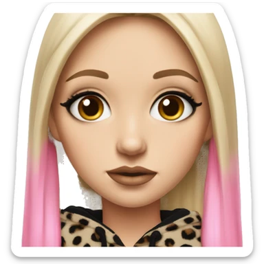 Hyperrealistic white girl with long black hair with a pink fringe and has eye makeup on, she is wearing a black and leopard print hoodie  sticker