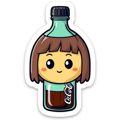 A coke bottle with a wig and eyes  sticker
