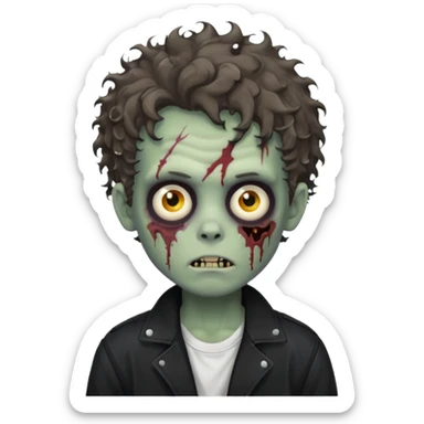 zombie boy medium length messy curly hair black jacket white tee shirt  sticker