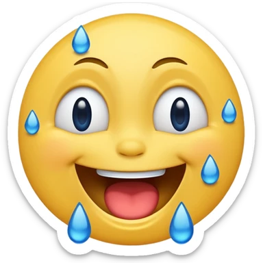 Emoji, yellow round laughing hysterically face, with blue tears of joy on it.  sticker