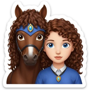 Girl with brown curly hair and blue eyes with an all dark brown horse  sticker