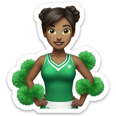 brunette cheerleader wearing green uniform holding green pompoms sticker