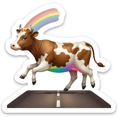 a cow running across a highway on a rainbow shooting a gun sticker