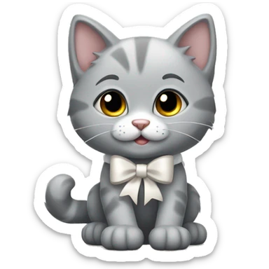 A gray kitten, tied with a white bow that goes and leaves a trail of paws  sticker