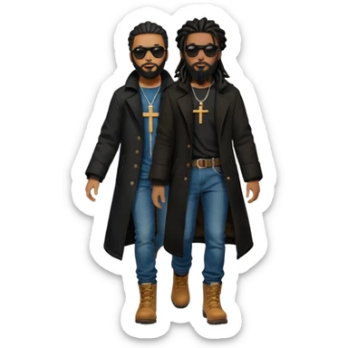 African American man with shoulder length black dreadlocks with black beard wearing black sunglasses wearing a black bubble winter coat wearing denim skinny jeans wearing wheat timberland boots walking with a dove and African American Jesus Christ behind him sticker
