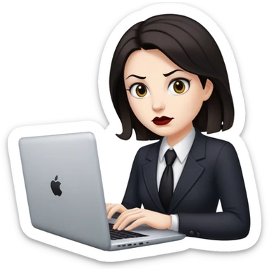 memoji of a white realtor with a laptop in front, ,modern,dark hair, evil sticker