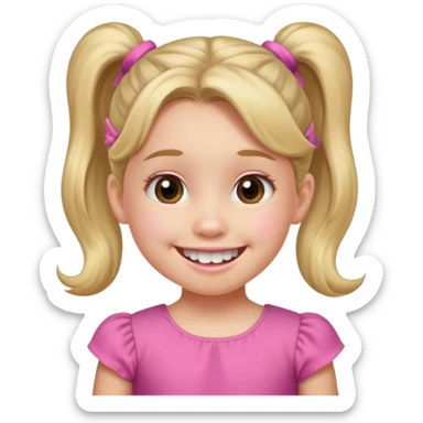 Little girl with ponytail smiling missing two bottom teeth  sticker