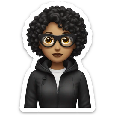 a girl holding a pan with a black mask and using glasses with curly hair and wearing a black jacket sticker