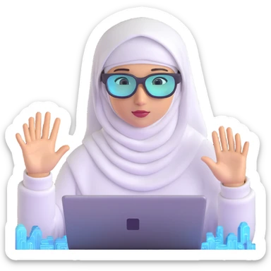 computer engineer with white hijab actively coding and building in the metaverse, hands manipulating holographic code, creating virtual structures, programming digital environments, surrounded by her code creations coming to life, AR glasses on sticker
