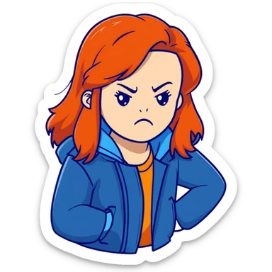 Redhead girl with long hair in blue jacket looking angry sticker