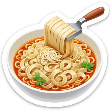 Shanxi knife-cut noodles with irregular thick shape being sliced, simplified emoji style with bold outlines and bright colors, cartoon style traditional Dao Xiao Mian sticker
