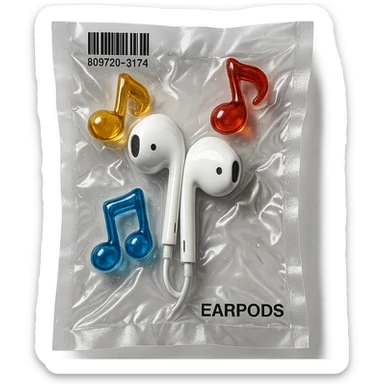 white EarPods headphones surrounded by exactly three small colorful glass music notes, glossy and puffy sticker