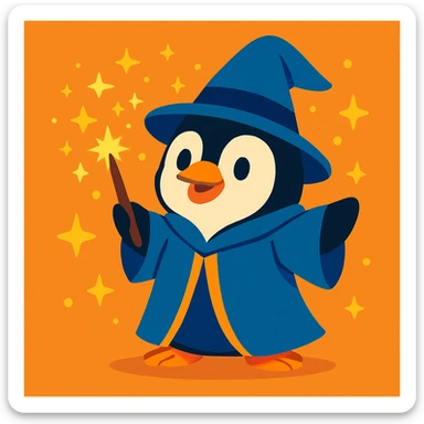 a cute penguin wizard casting a spell, wearing a robe and holding a wand, magical sparkles around sticker