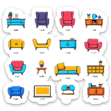 colorful interior design style quiz logo with swiping gesture and different furniture styles sticker