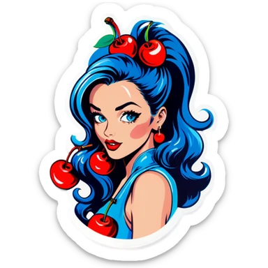 Pop art sexy women with blue hear with cherry sticker