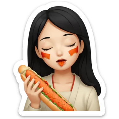 Girl black long hair eat kimchi close eyes baguette sticker