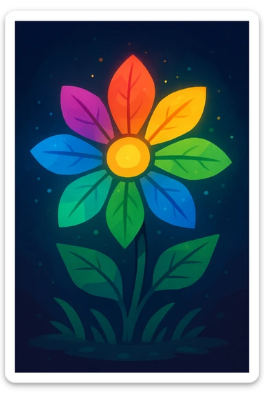 A magical seven-petal flower, each petal a different vibrant color, glowing softly, fantasy illustration style. sticker
