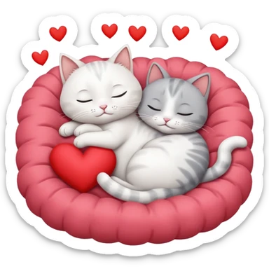 White cat and gray cat sleeping together in a bed full of hearts sticker