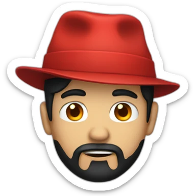 A person with black hair, a red hat, a back shirt, and a skull  sticker