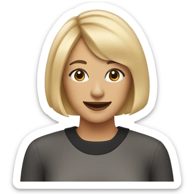 Smiling woman with a blonde bob haircut and bangs with a black curly haired dog with a white chin sticker