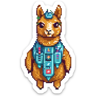 pixel art icon representing the Ollama open-source LLM platform, featuring a stylized llama mascot, tech elements, modern friendly look sticker