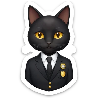 A black cat in a black suit and a badge with the inscription "PrimeCopy" sticker