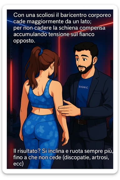 ispirati a questo stile di disegno e fai questa immagine in versione manga/webtoon a colori, il manga mostra la donna di spalle, mentre l'uomo le tocca la spina dorsale per spiegarle come funziona la scoliosi:
Con una scoliosi il baricentro corporeo cade maggiormente da un lato; per non cadere la schiena compensa accumulando tensione sul fianco opposto.
Il risultato? Si inclina e ruota sempre più, fino a che non cede (discopatie, artrosi, ecc) sticker