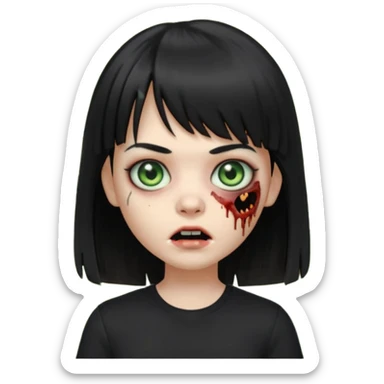 uma garota zumbi no formato Memoji da apple com o cabelo cumprido, preto liso e com franja, blusa preta sticker