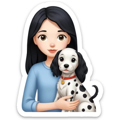 A girl with long black hair is holding a Dalmatian sticker