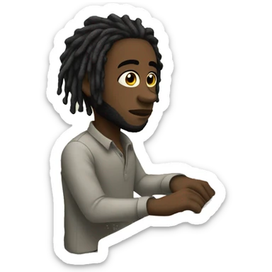 Black guy with dreads  sitting down on chair facing right-hand sided focused on computer  sticker
