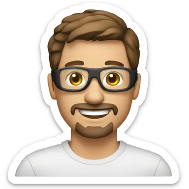 Smiling man with short brown hair, transparent goggles and a goatee sticker
