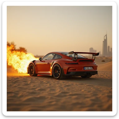Cinematic shot, Porsche 911 gt3 rs in fire, desert, sunny day, dubai city in background sticker