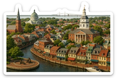cinematic realistic emoji of Annapolis, panoramic cityscape with Maryland State House, United States Naval Academy Chapel, Ego Alley, St. Anne's Church, Kunta Kinte-Alex Haley Memorial, Chesapeake Bay Bridge in the distance. Lifelike detail, accurate colors, bright daylight, no sky, no clouds, no text, transparent background sticker