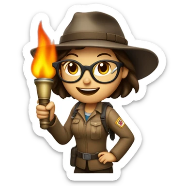 Brunette lady explorer in dark rimmed glasses holding burning torch overhead sticker