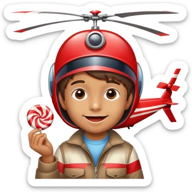 happy kid with helicopter hat eating a candy sticker