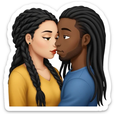 Latina Woman with long hair kissing a young black guy with dreads no beard sticker